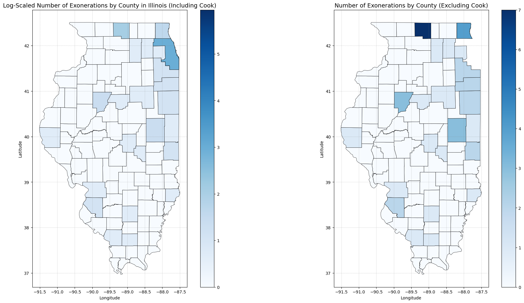 Illinois Log-Scaled Exonerations by County